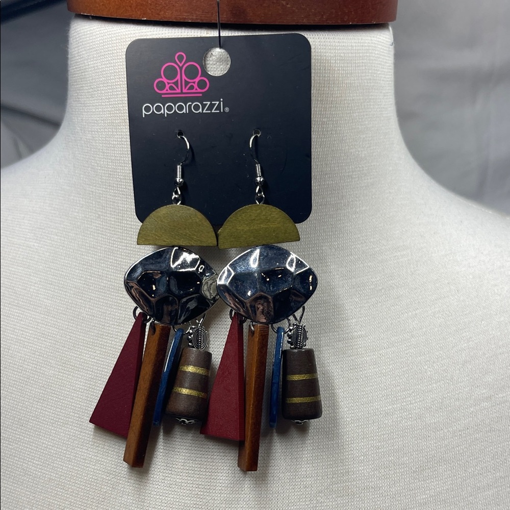 Paparazzi Silver and Multicolor Geometric Wood Earrings Lightweight
